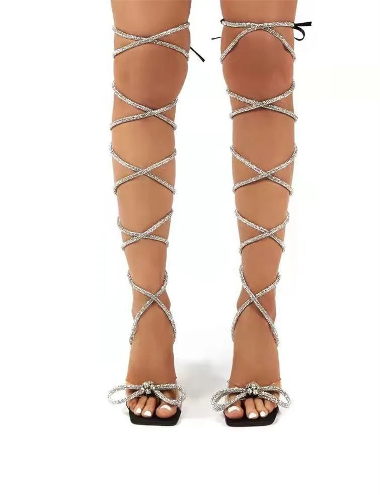 Plus size women's rhinestone strap sandals with square toe design in black colour