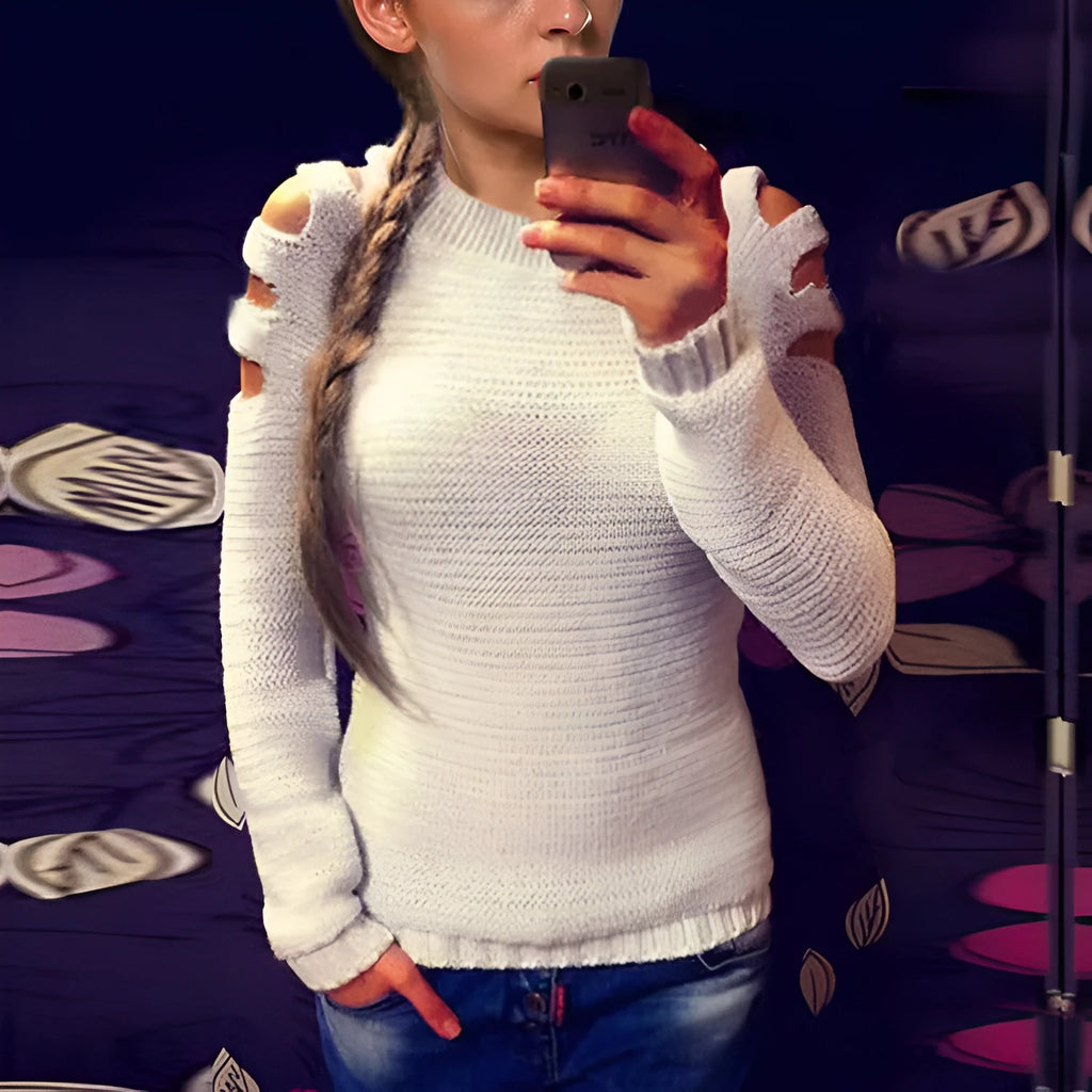 Women's grey knitted round neck shirt with decorative hollow-out long sleeves.