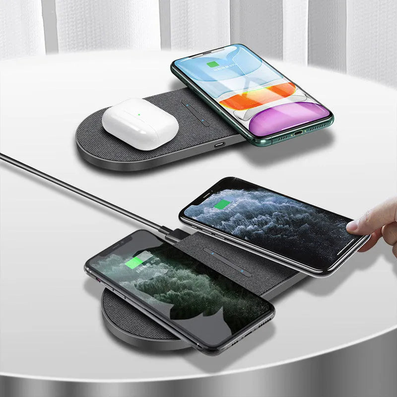 Two black wireless charging pads showing Type-C and USB ports with charging indicator lights