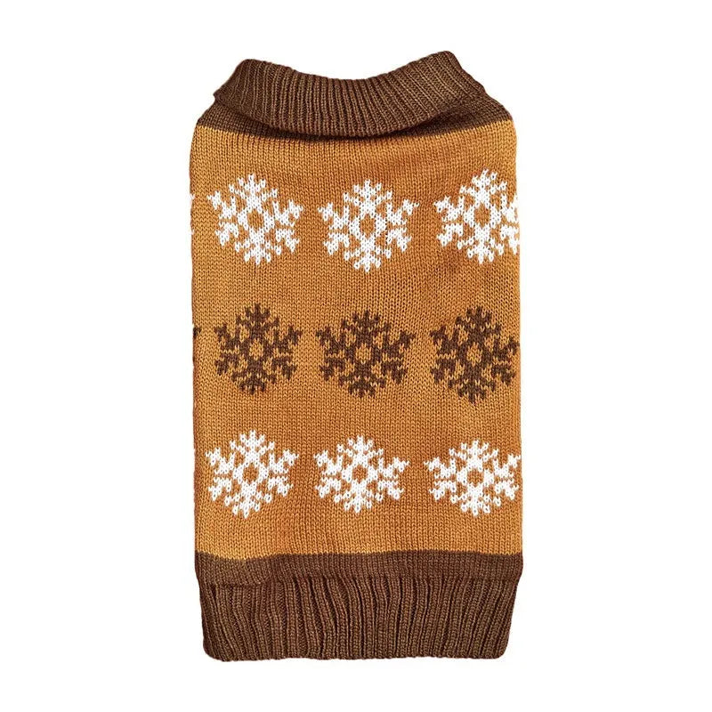 Grey and brown snowflake patterned acrylic knit dog sweater for Christmas and winter wear.