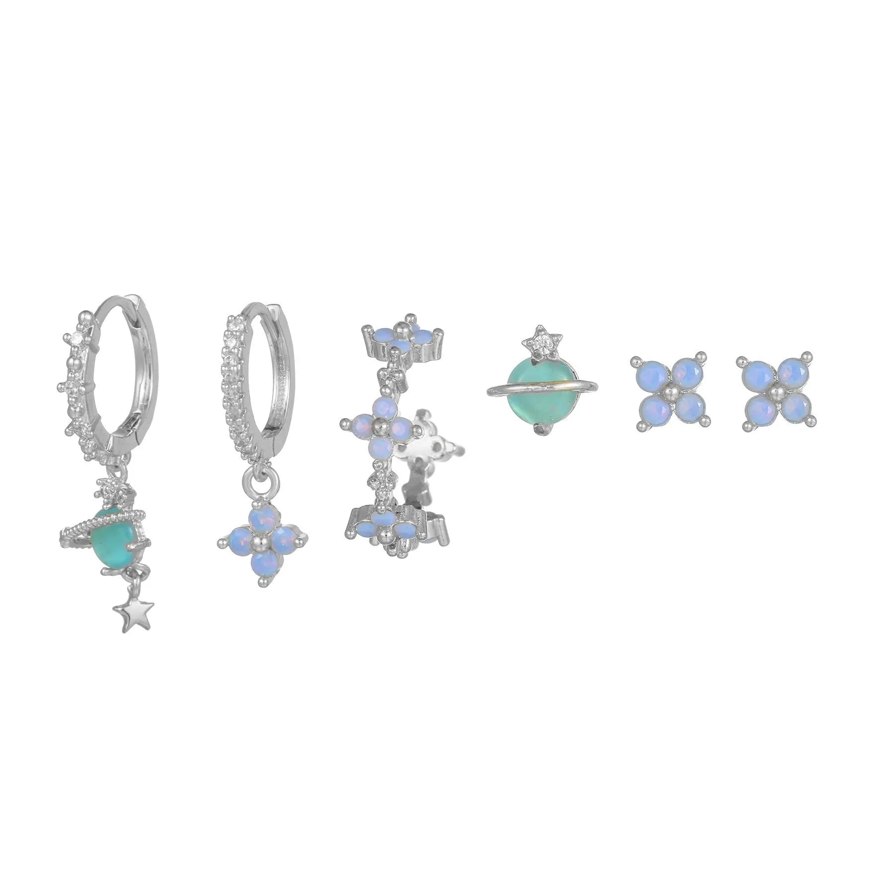 Blue protein flower nail ear studs with zircon mosaic details in gold or silver colour