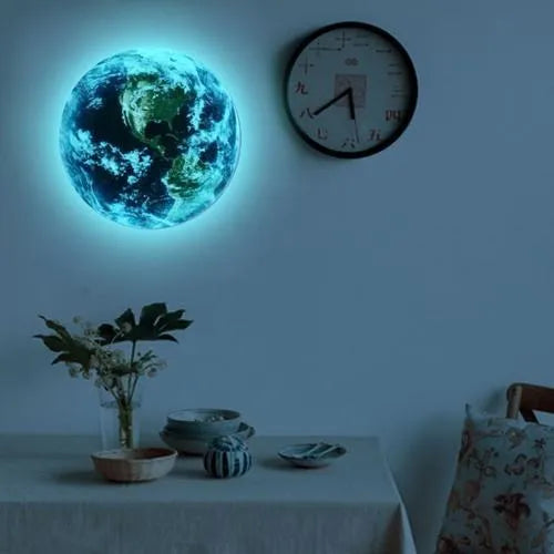 Luminous 3D Earth wall sticker glowing in dark on bedroom ceiling available in 30cm size