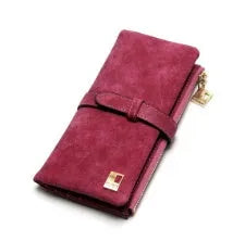 Vertical women's long wallet in retro matte Pu leather with zip closure showing interior card slots and phone pocket