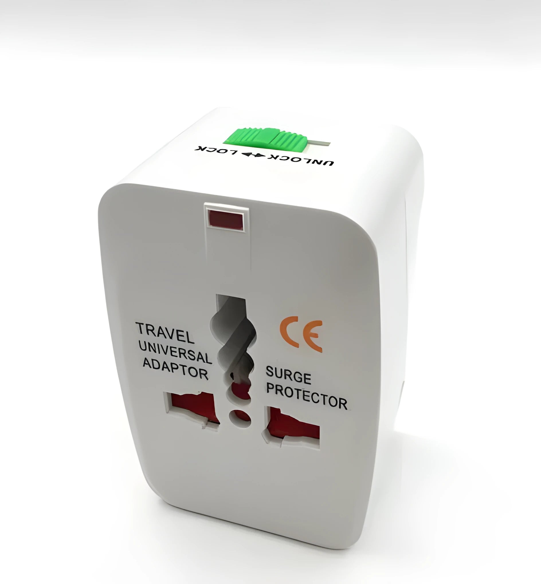 Compact white universal travel plug adapter showing UK plug socket and extendable US, EU, and AU pins