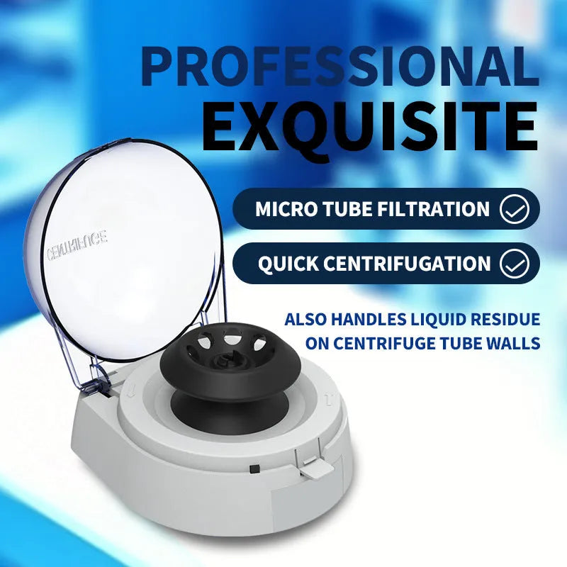 Mini laboratory centrifuge device showing compact 157x170x120mm dimensions with 7000rpm specification
