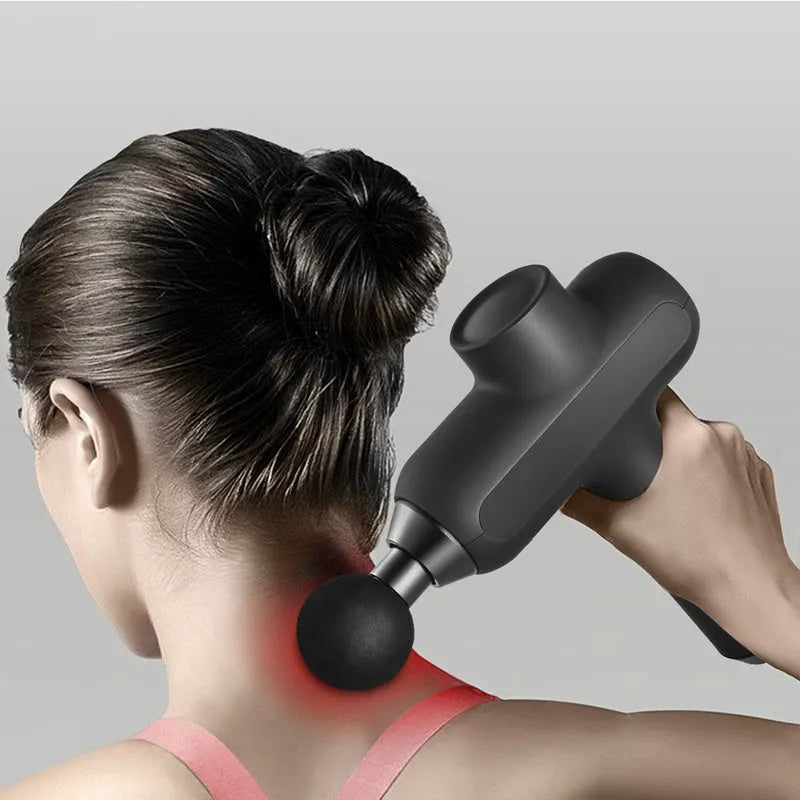 Black rechargeable electric muscle massager with six circular heads showing size and button control.