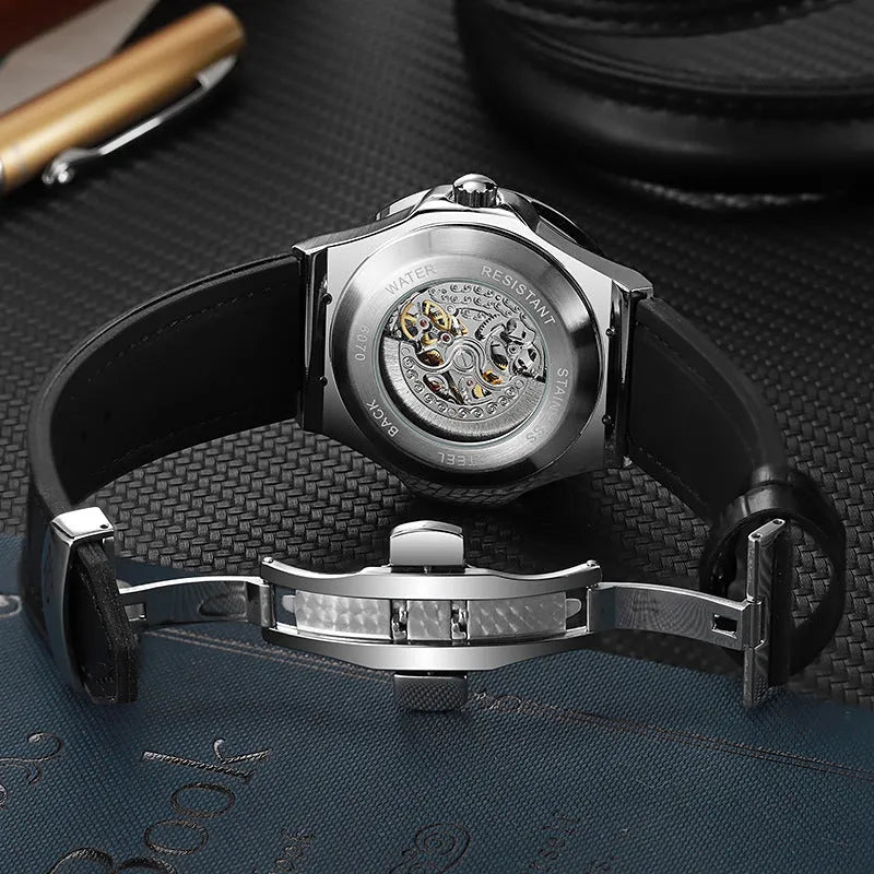 Men's automatic mechanical watch with hollow movement and diamond studs on white shell case with leather strap