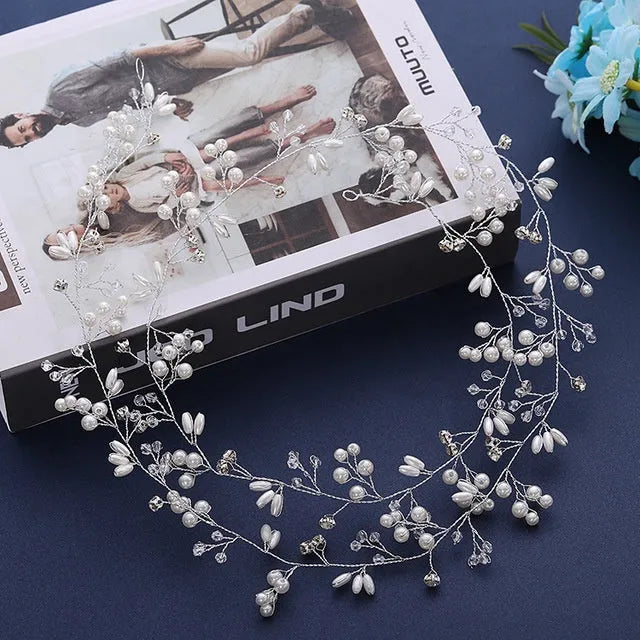 Bridal pearl hair band in silver, gold KC and rose gold colours with three length options