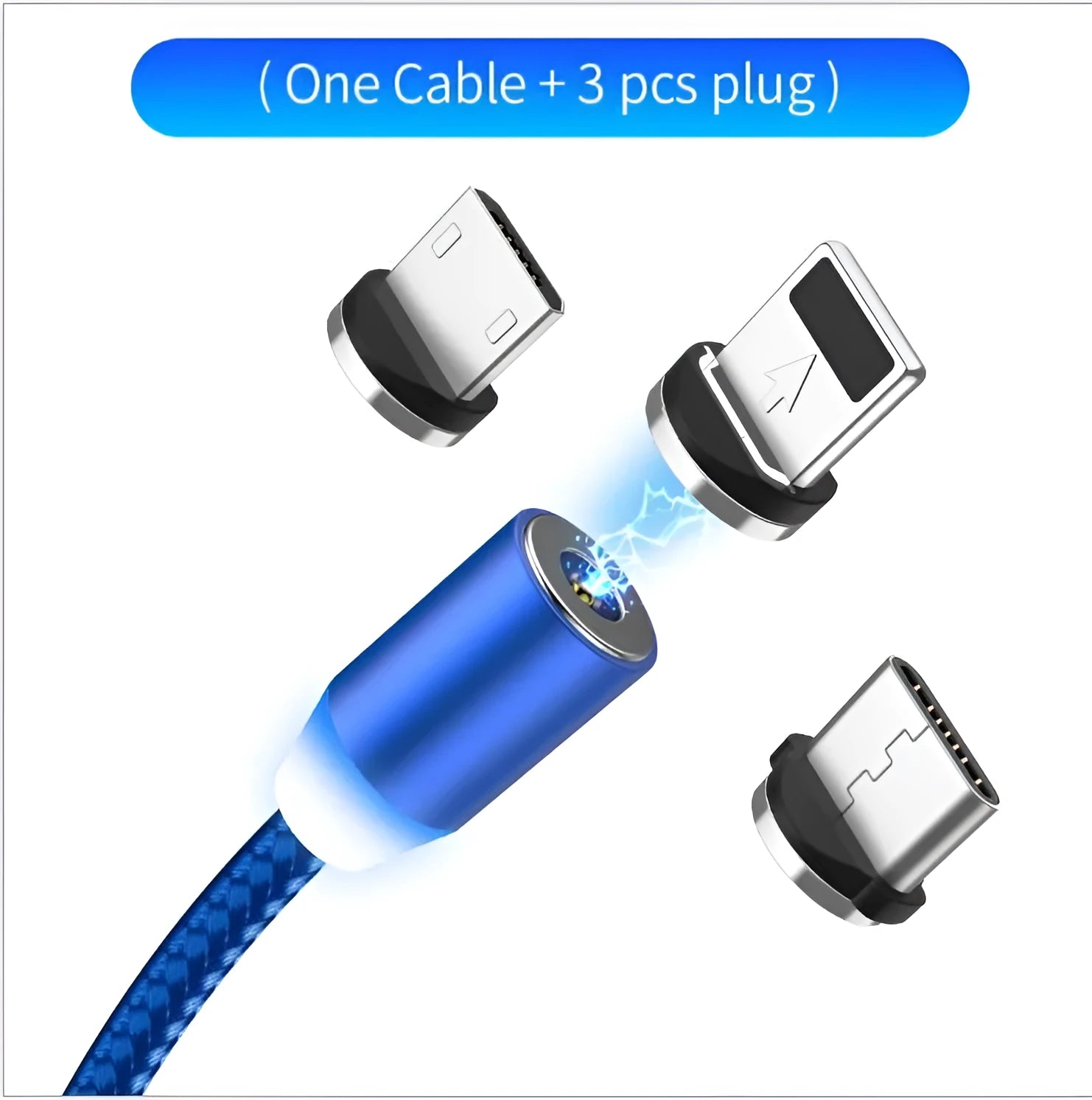 YBD black and red braided magnetic charging cable with Lightning, Micro USB, and Type-C connectors on a table.