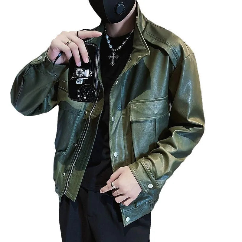 Men's black PU leather Korean-style biker jacket with straight hem and side pockets