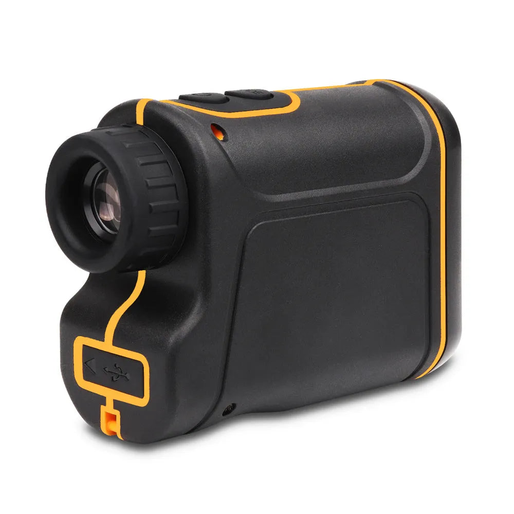 Handheld golf laser rangefinder showing compact design with distance measurement display