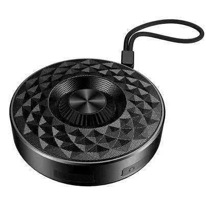 Mini portable Bluetooth speaker in black, orange, and silvery white colours with wireless connectivity