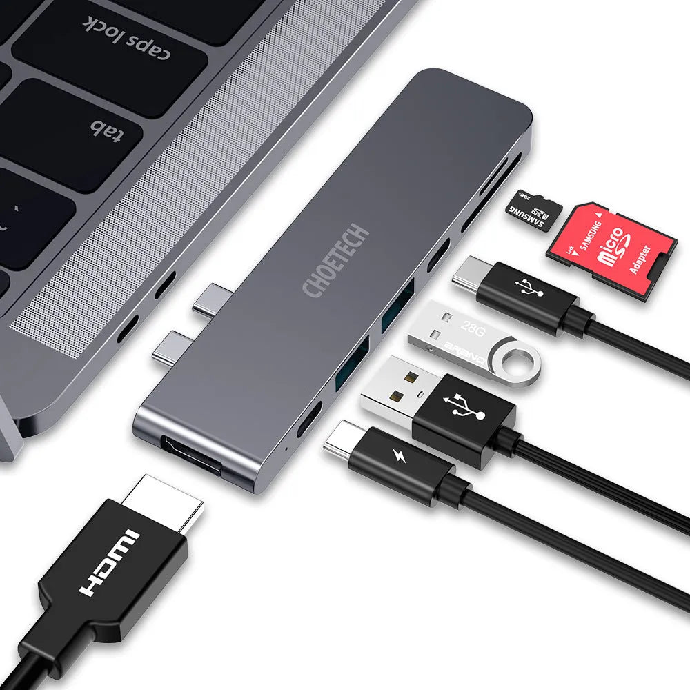 Aluminium alloy USB-C adapter with SD card reader, Thunderbolt 3, 4K HDMI, and USB 3.0 ports