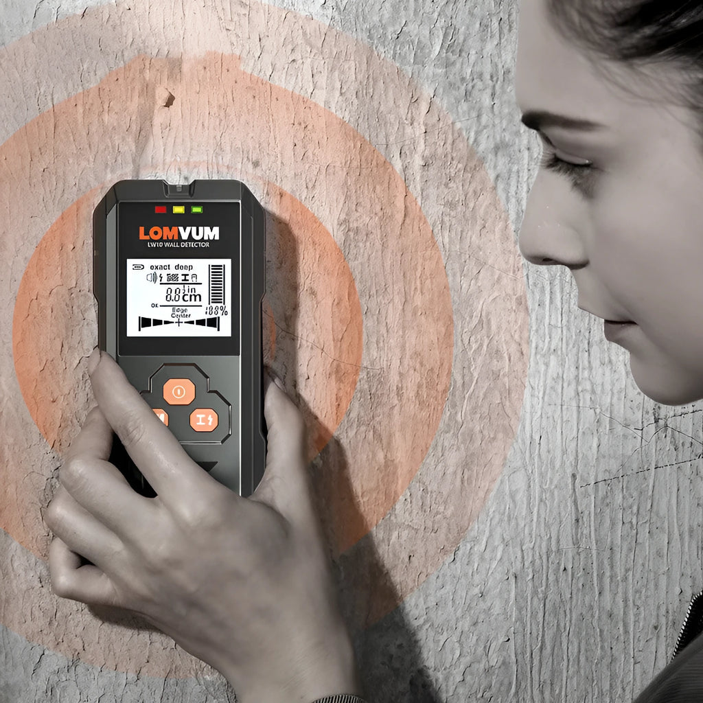 Handheld multifunctional wall detector for finding metal, wires, and wood studs behind walls.