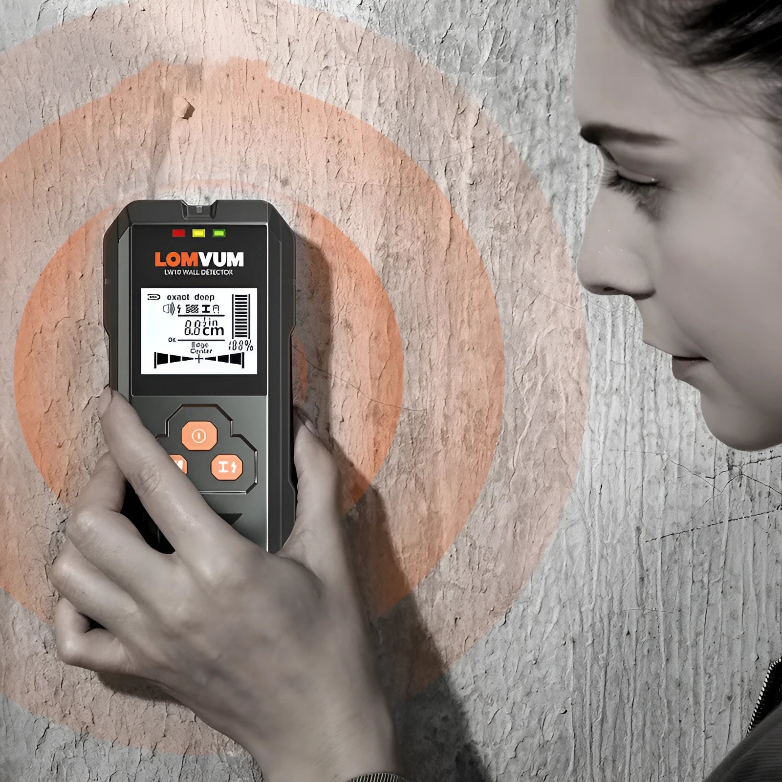 Handheld multifunctional wall detector for finding metal, wires, and wood studs behind walls.