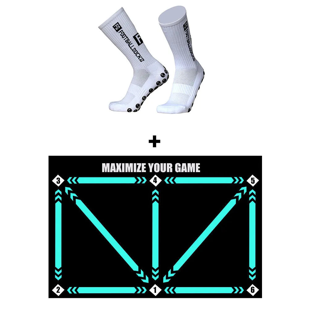 Rubber indoor football training mat for skill lifting and foot basket row movements in cushion colour with socks