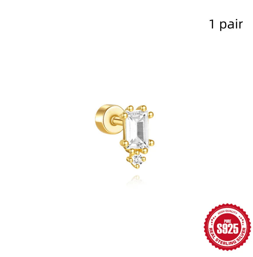 S925 sterling silver flat column geometric ear bone studs with thread detail in a gold colour finish
