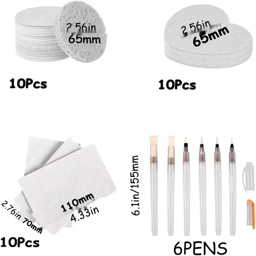 Painting sponge set with six fountain pens and heart, round, and square shaped cellulose sponges for ink art