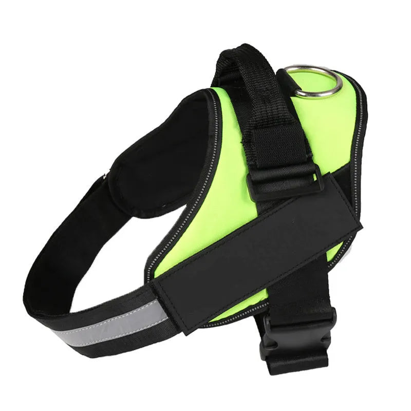 Adjustable reflective dog harness with handle and D-ring on blue background showing size chart