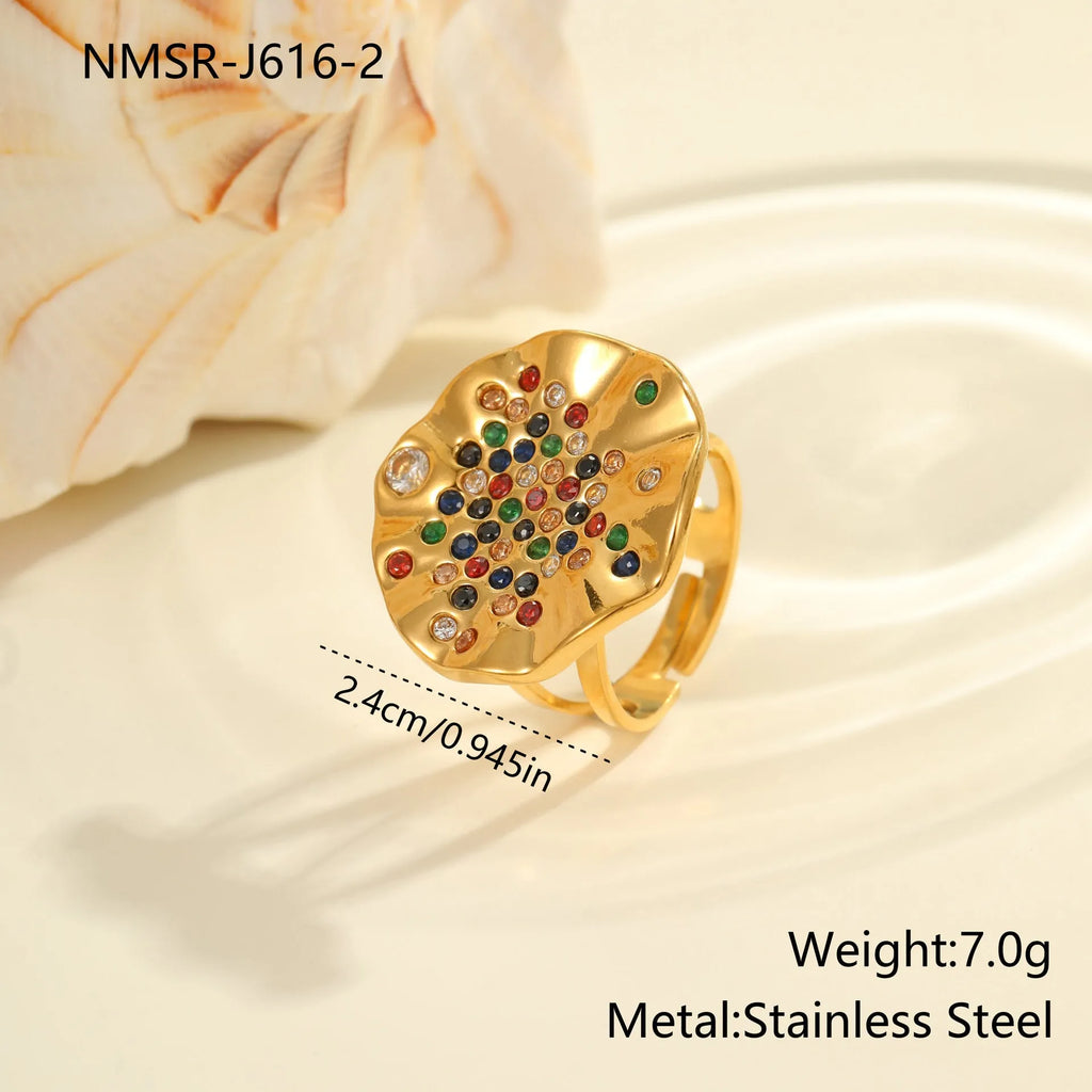 Geometric stainless steel ring with pleated inlaid design in open mouth construction