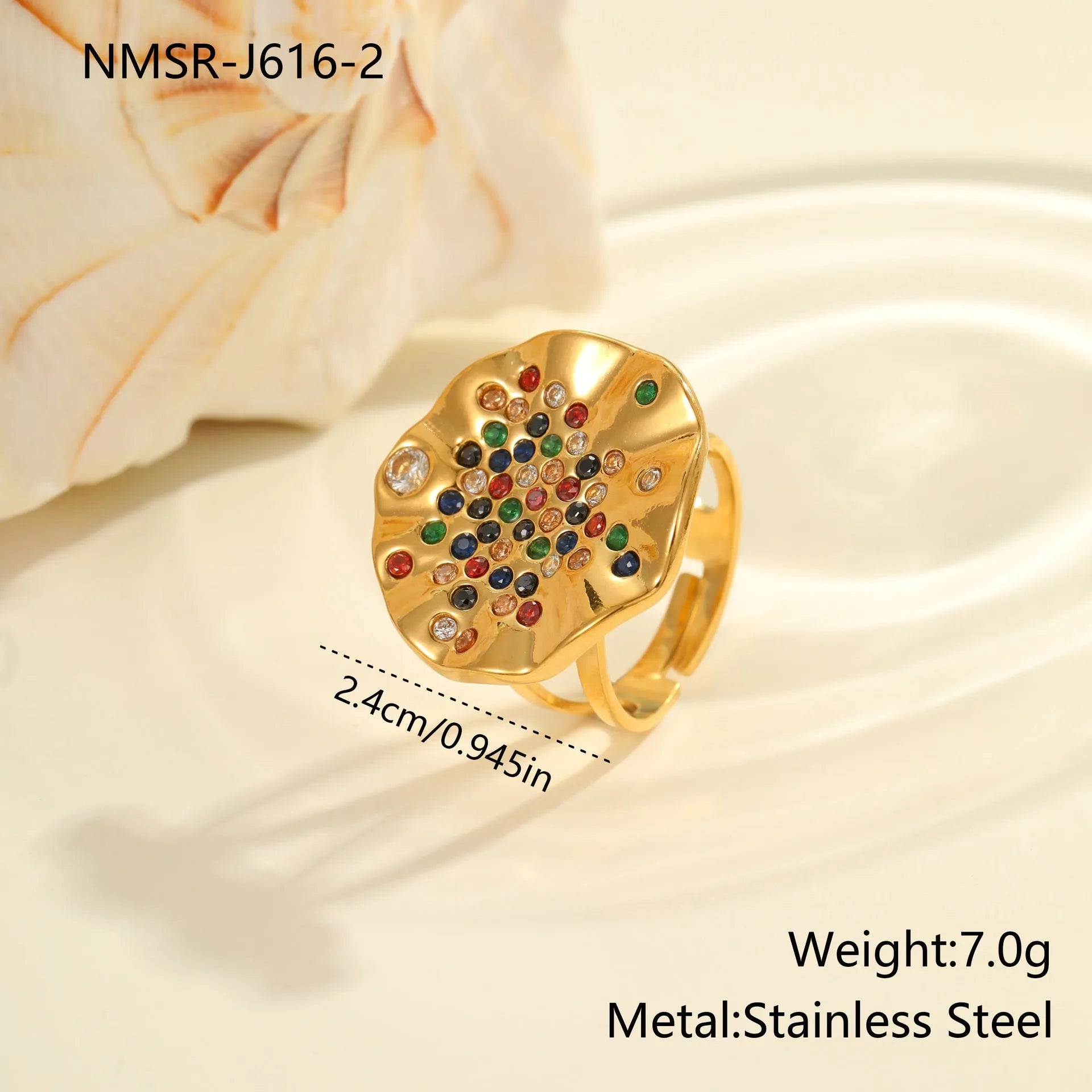 Geometric stainless steel ring with pleated inlaid design in open mouth construction