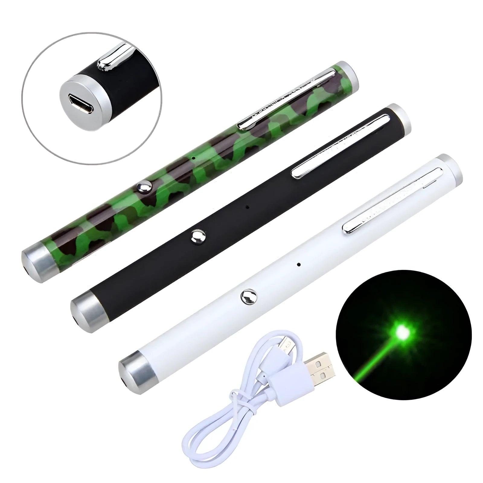 Three 5mw green laser pointer pens in black, camouflage, and white with high hardness body
