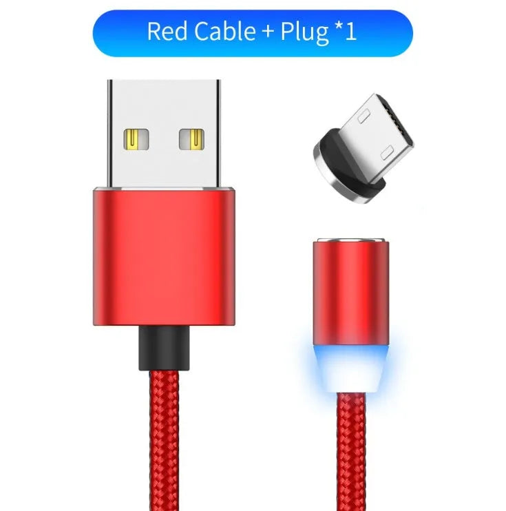 YBD black and red braided magnetic charging cable with Lightning, Micro USB, and Type-C connectors on a table.