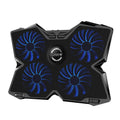 Blue computer cooling base with four LED fans and USB ports for desktop temperature management
