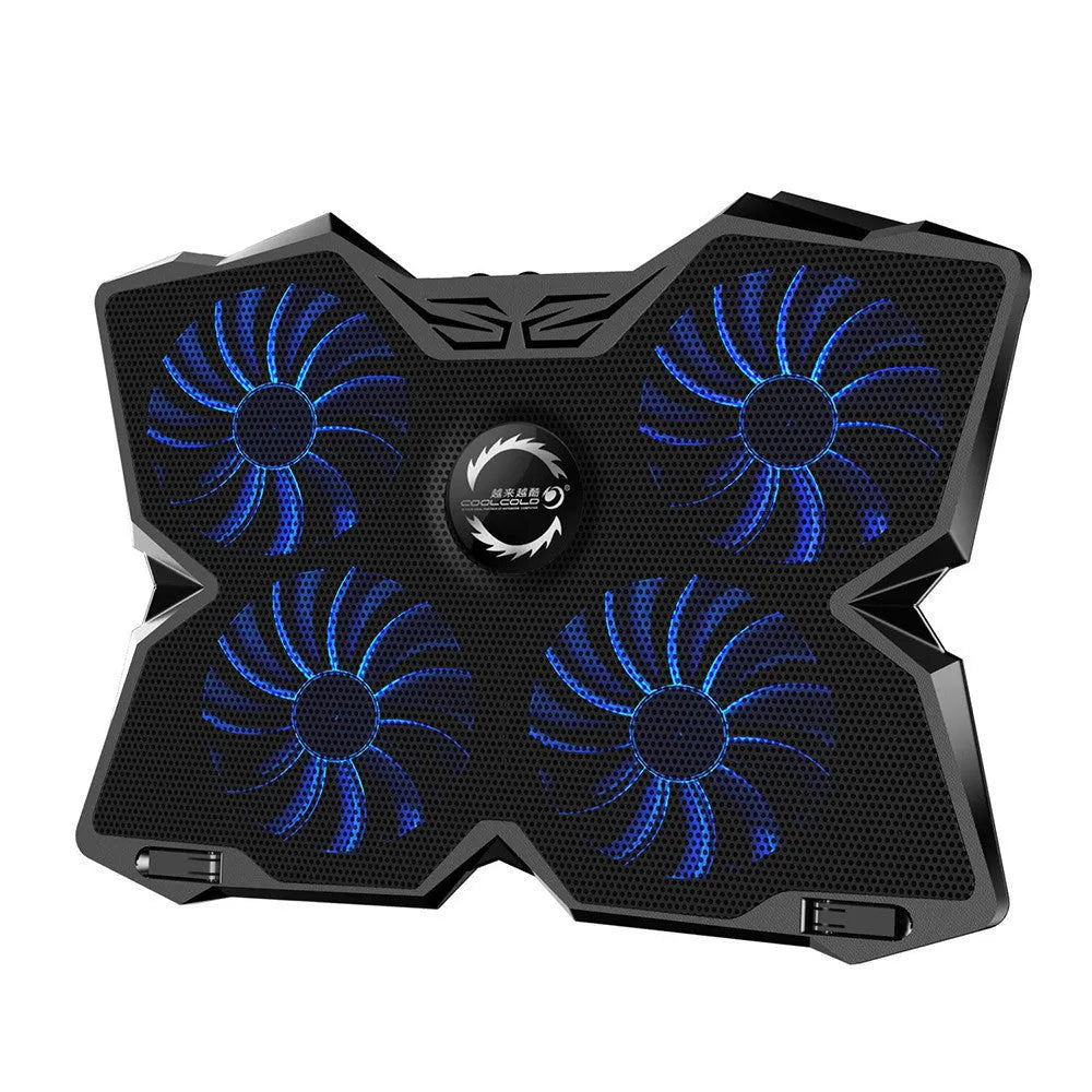 Blue computer cooling base with four LED fans and USB ports for desktop temperature management
