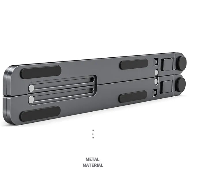 Silver foldable aluminium laptop stand holding a MacBook at an angle, shown next to a backpack.