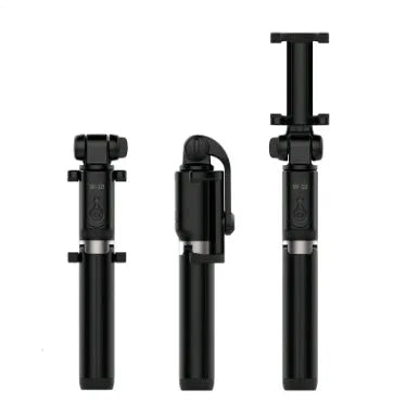 Aluminium alloy Bluetooth tripod selfie stick with remote control extended, holding a mobile phone.