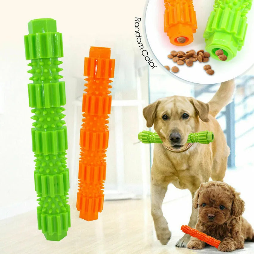 Green and orange durable rubber dog chew toy with textured surface for aggressive chewers.