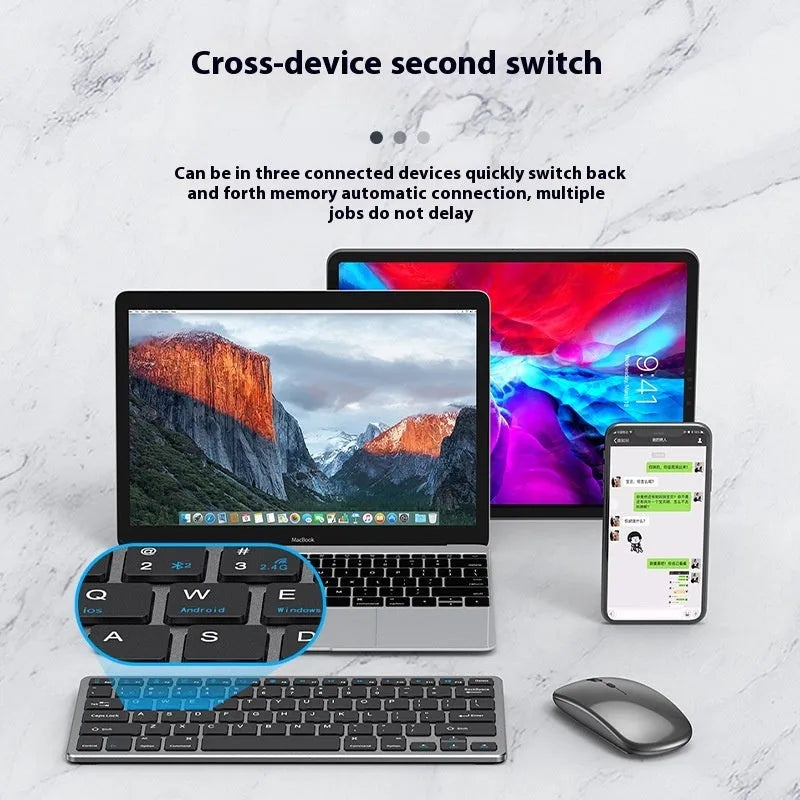 Ultra-thin wireless keyboard and mouse set with Bluetooth and 2.4G connectivity in black silver or gun colour finish