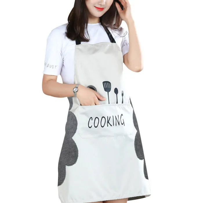 Korean-style sleeveless kitchen apron in waterproof fabric with coral velvet facing