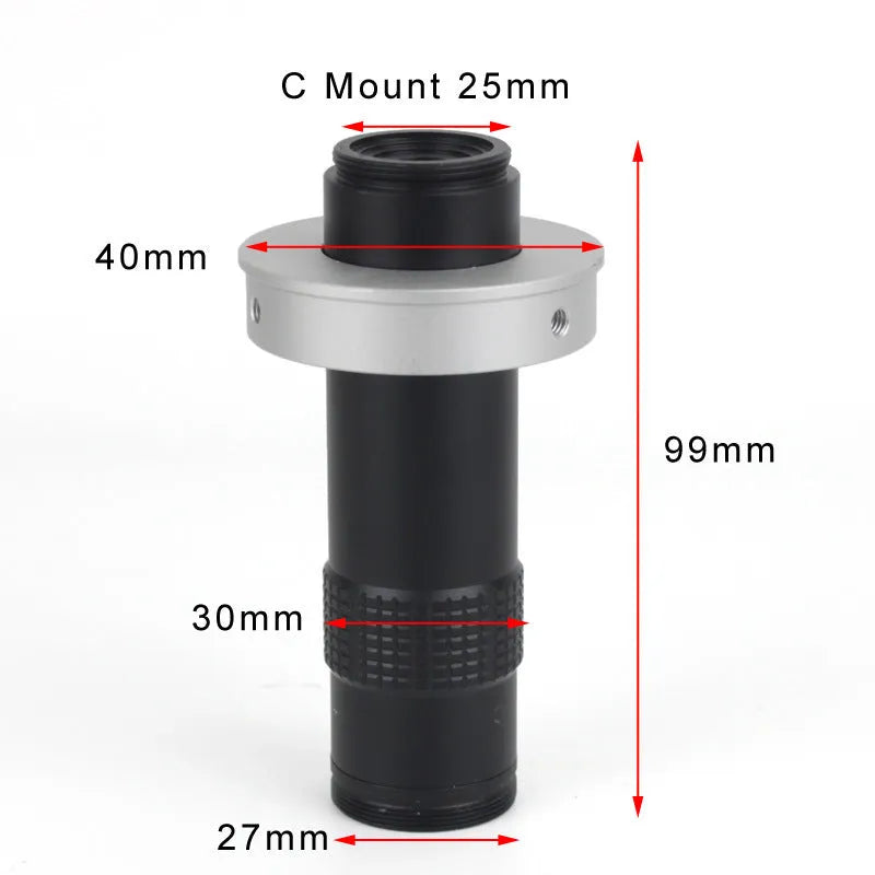 Black industrial camera monocular lens with 30mm diameter, 84mm length, providing 0.1-1.3X magnification