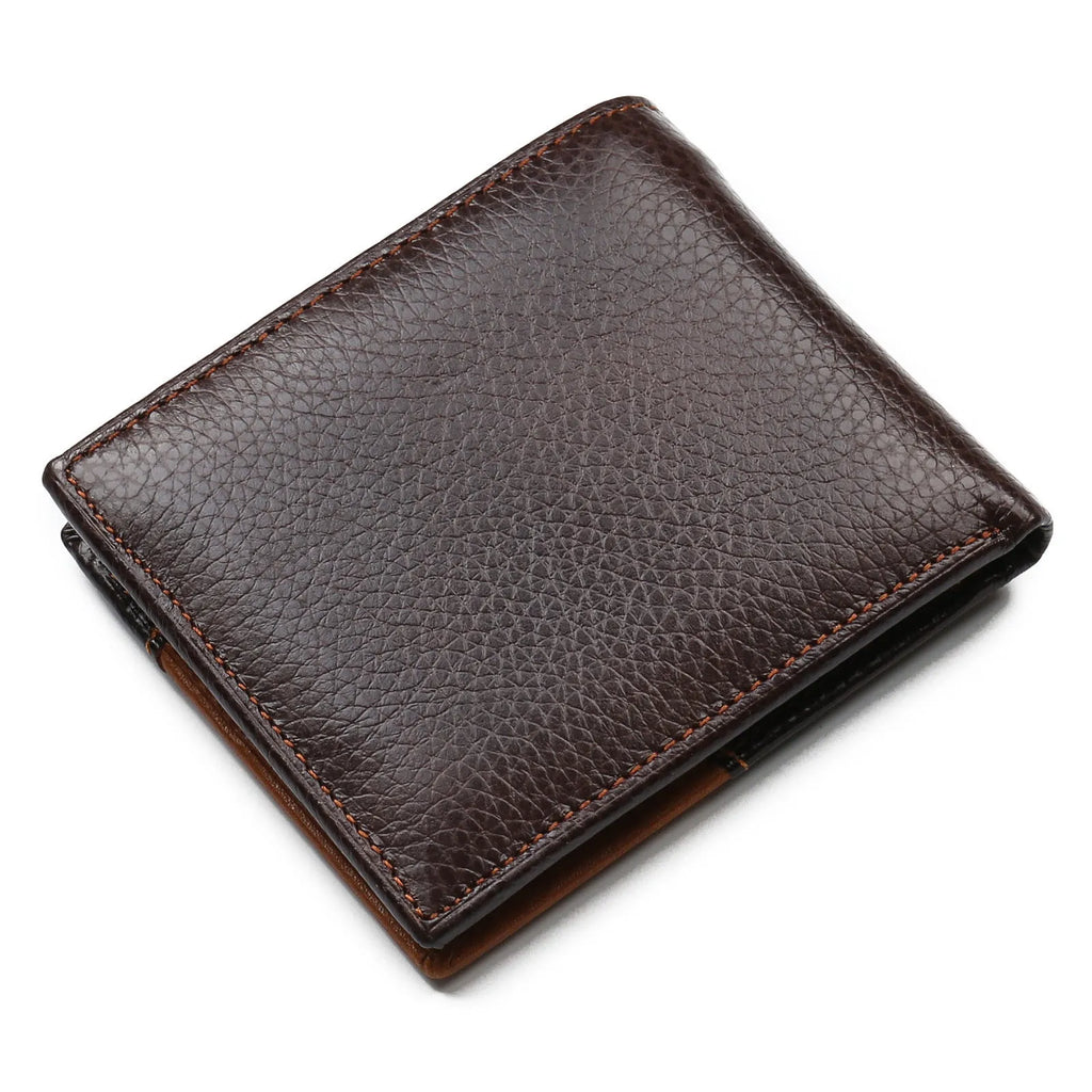 Soft cowhide leather wallet with contrast stitching, open to show card slots, bill holder, and a zipper coin compartment.