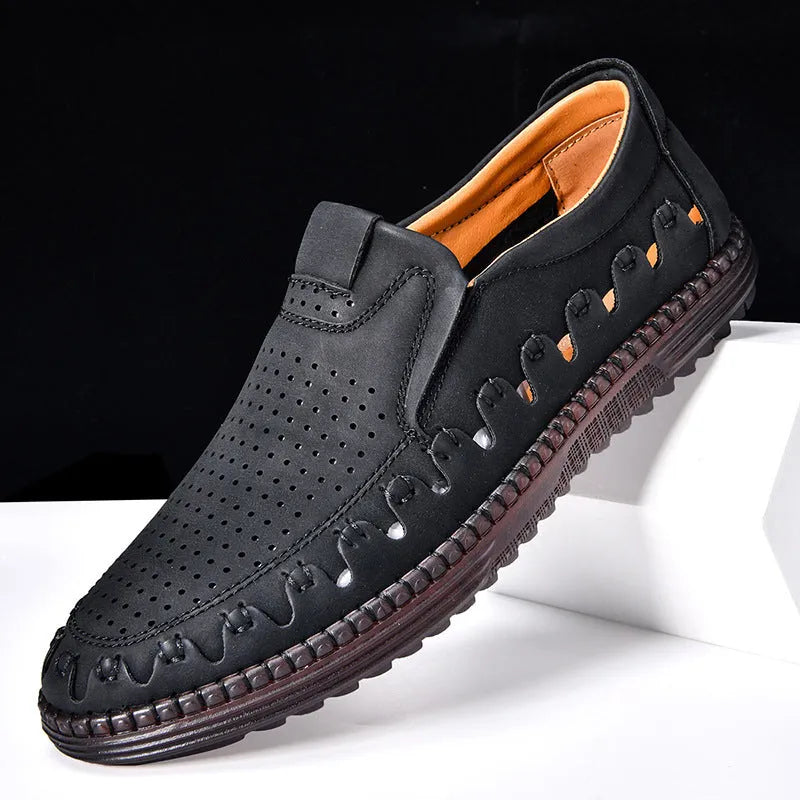 Men's brown slip-on casual shoes with round toe and low-top design