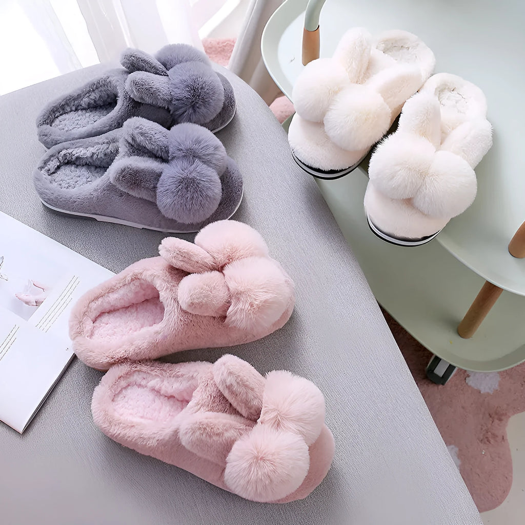 Women's rabbit fur winter slippers with high upper, floral pattern, and bunny-inspired fluffy design