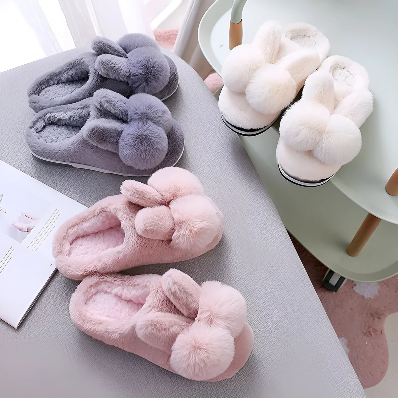Women's rabbit fur winter slippers with high upper, floral pattern, and bunny-inspired fluffy design