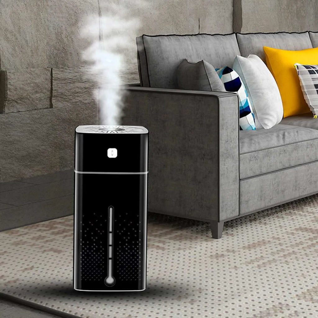 Black or white desktop humidifier with USB cable, 1000ml water tank, dimensions 103mm x 103mm x 218mm.