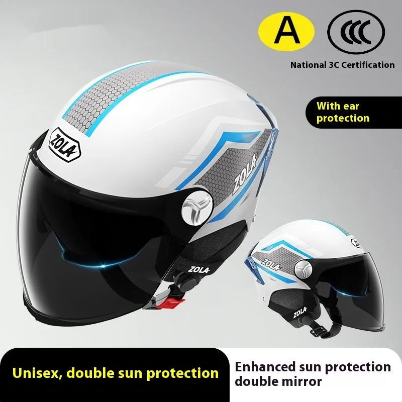3C certified ABS motorcycle half helmet with a dual mirror sun visor shown in a light brown colour variant.