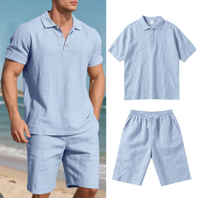 Men's light-coloured linen shorts suit with short sleeve top and matching shorts for summer casual wear