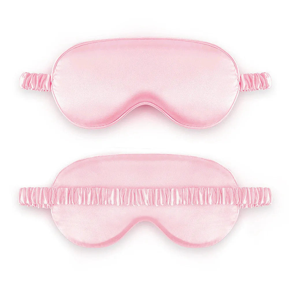 Double-sided Rayon elastic satin sleep mask shown in multiple colour options including sky blue, black, wine red, and light pink.