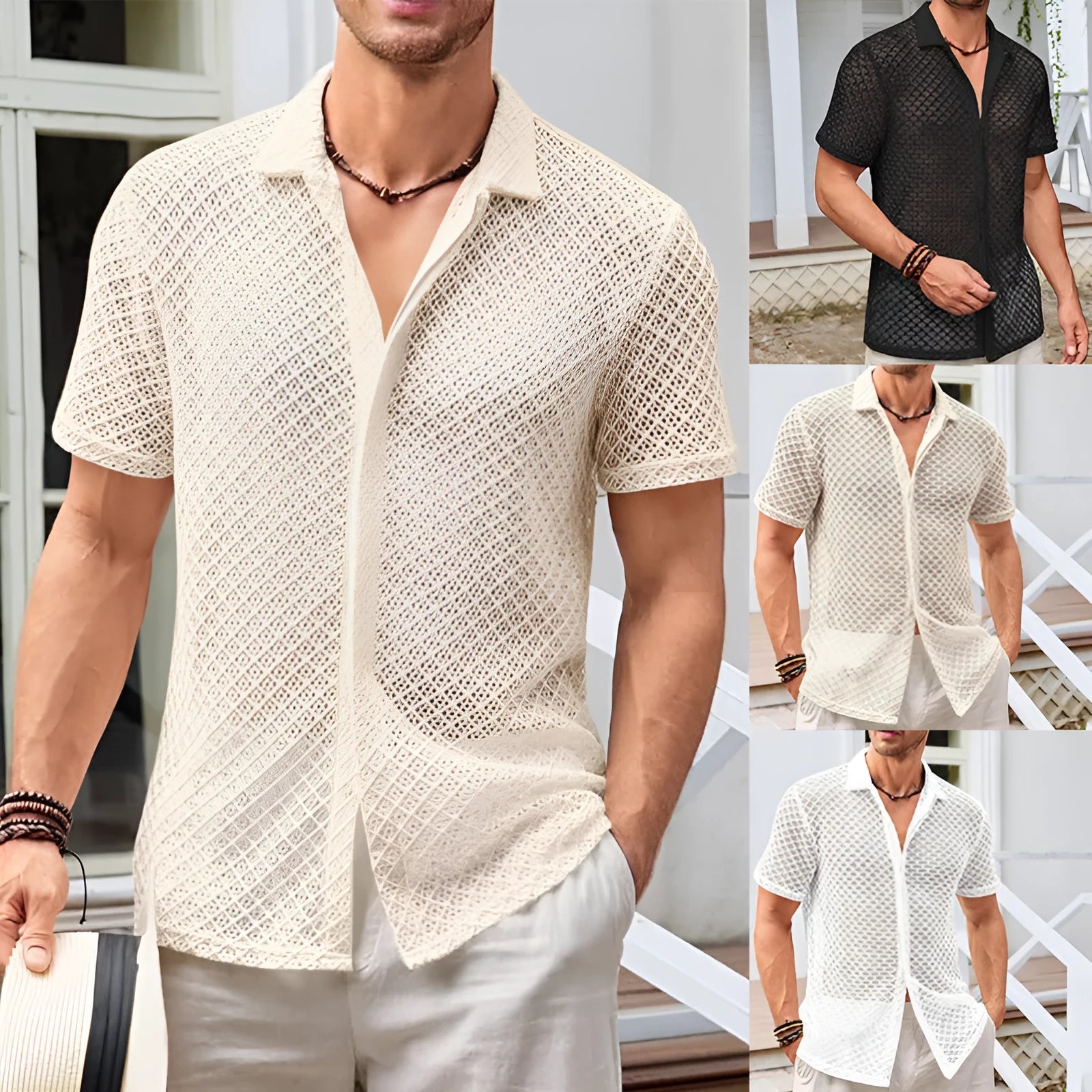 Men's summer mesh short sleeve lapel shirt in cotton blend fabric