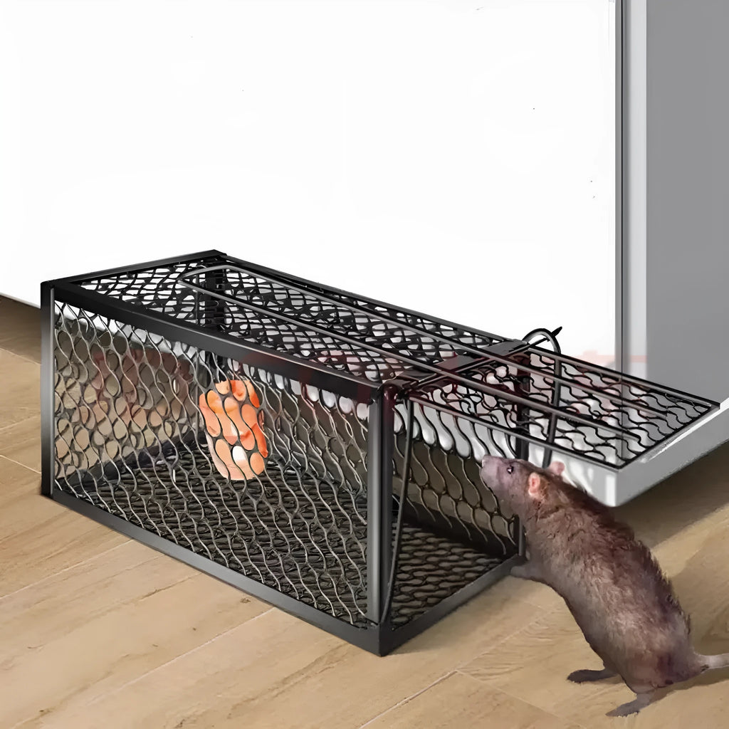 Automatic mouse cage trap in small, medium and large sizes with metal and plastic construction