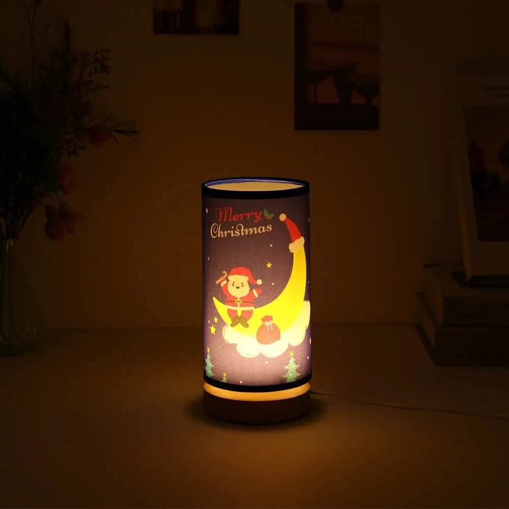 Moon Santa Claus themed LED night light with USB plug and bamboo lamp holder.