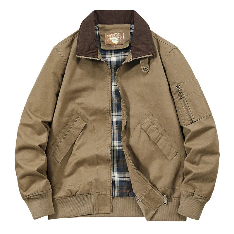 Men's plus-size washed cotton baseball flight jacket in army green, shown on a hanger.