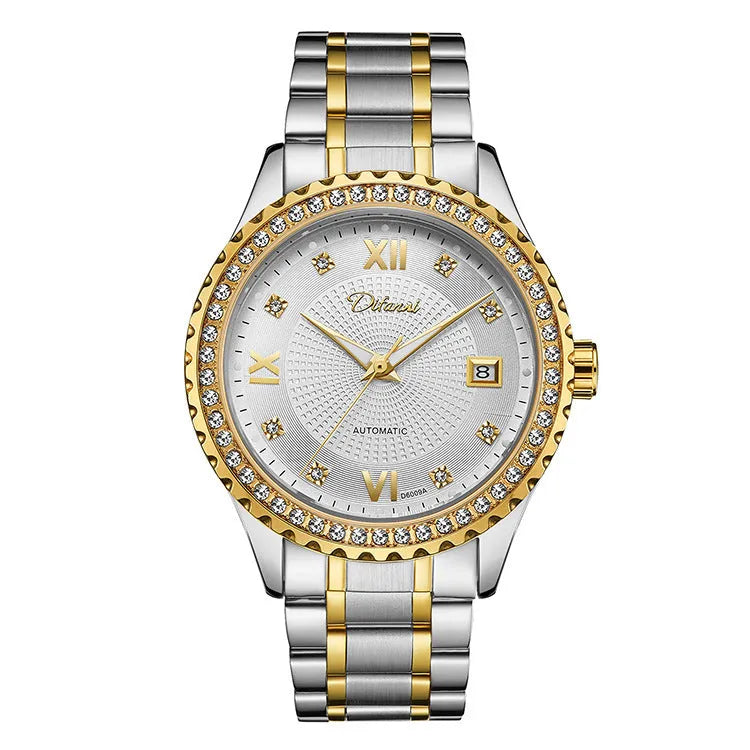 Men's waterproof automatic mechanical watch with gold case and black dial showing luminous elements