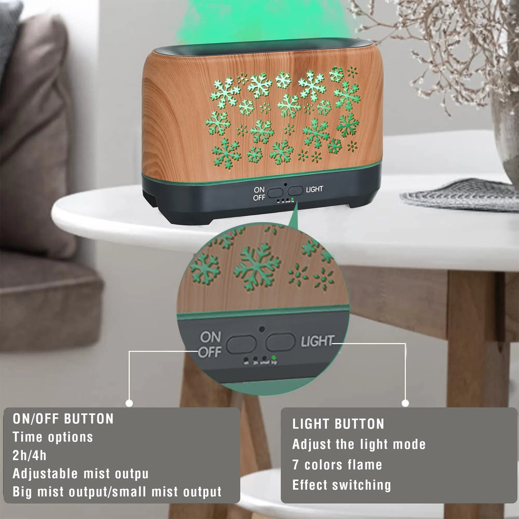 Colourful snowflake wood grain aromatherapy humidifier with flame effect lighting on a desktop