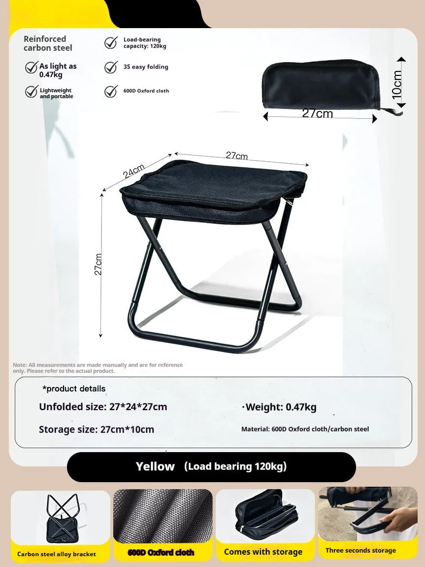 Lightweight foldable camp chair stool in Oxford cloth, shown in a khaki colour, folded into its compact pencil box shape.
